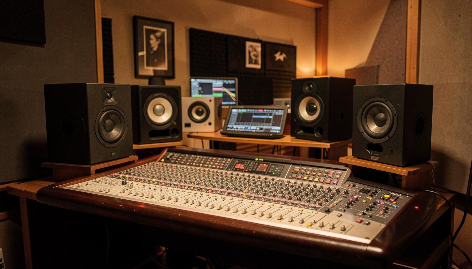 A warm-toned recording studio control room with mixing console and monitor speakers, creative atmosphere
