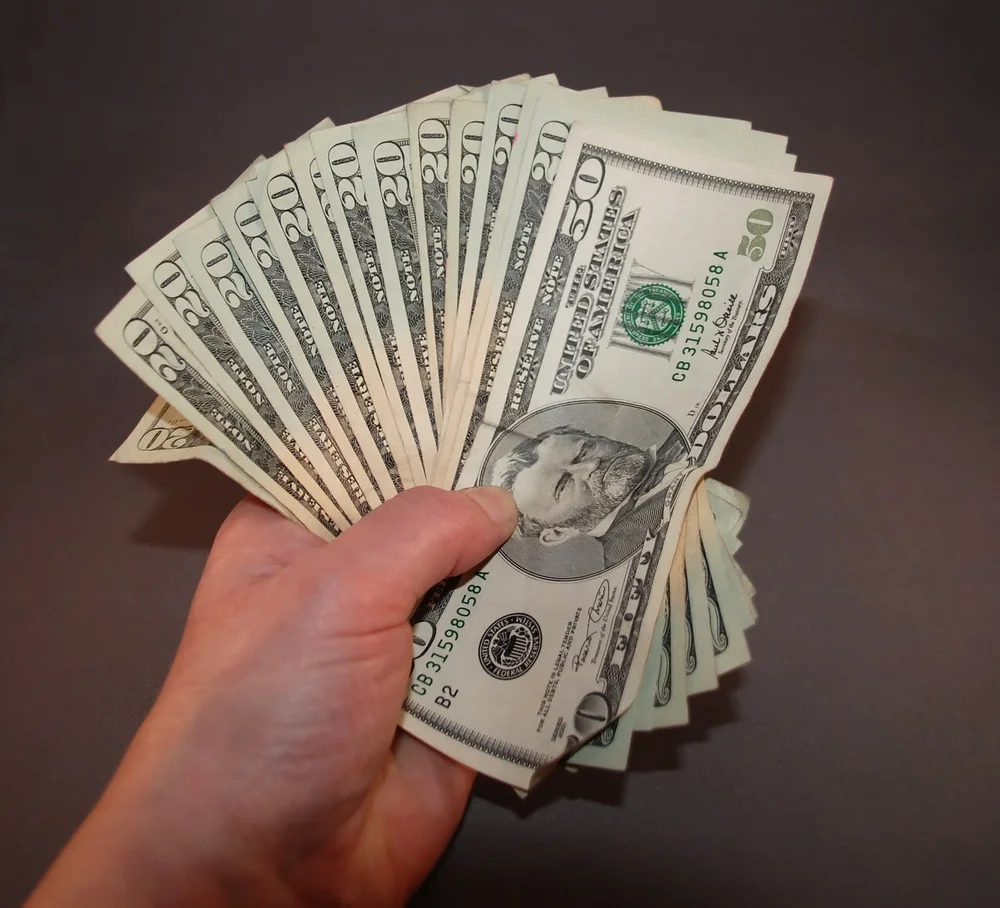 A hand holding a fanned spread of US dollar bills against a dark background, green and white tones conveying financial tracking