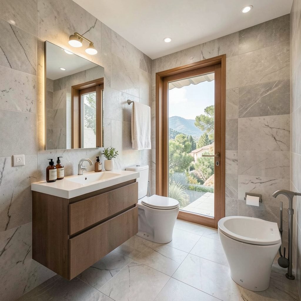 A gorgeous small bathroom with a freestanding tub, marble accents, and a large window letting in daylight