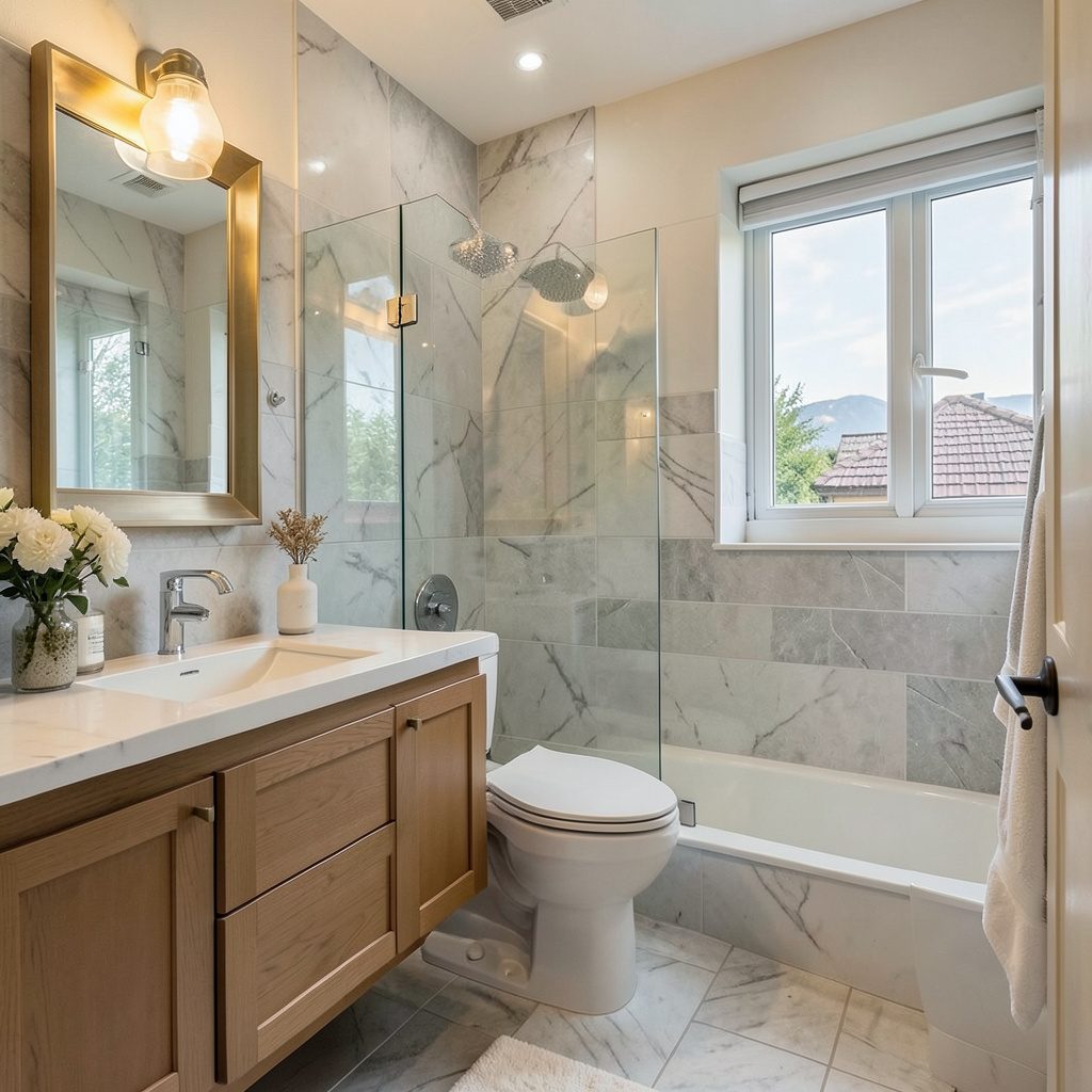 A small bathroom with a striking modern design, featuring a floating vanity, large mirror, and soft gray wall tones
