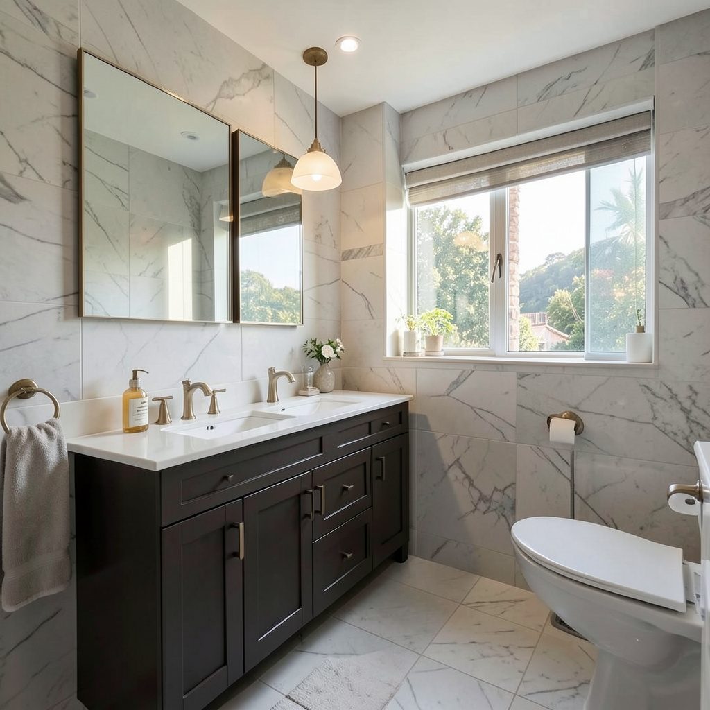 A charming small bathroom design with a glass-enclosed shower, patterned floor tiles, and a soft neutral color scheme