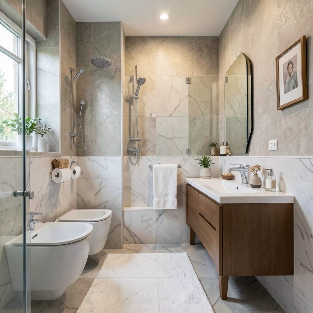 An exceptionally unique small bathroom with creative tile patterns, a compact corner sink, and warm ambient lighting