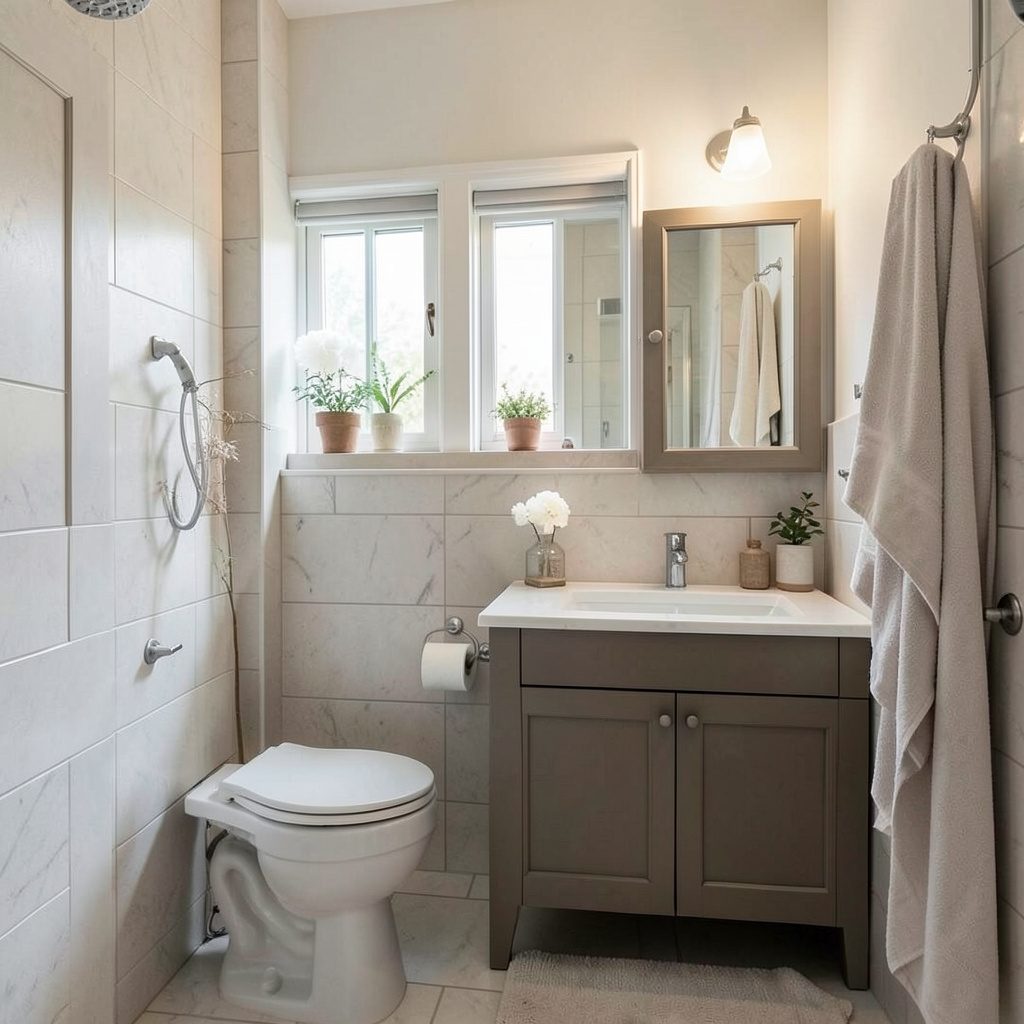 A beautifully decorated small bathroom interior with rich textures, a vessel sink, and soft golden lighting