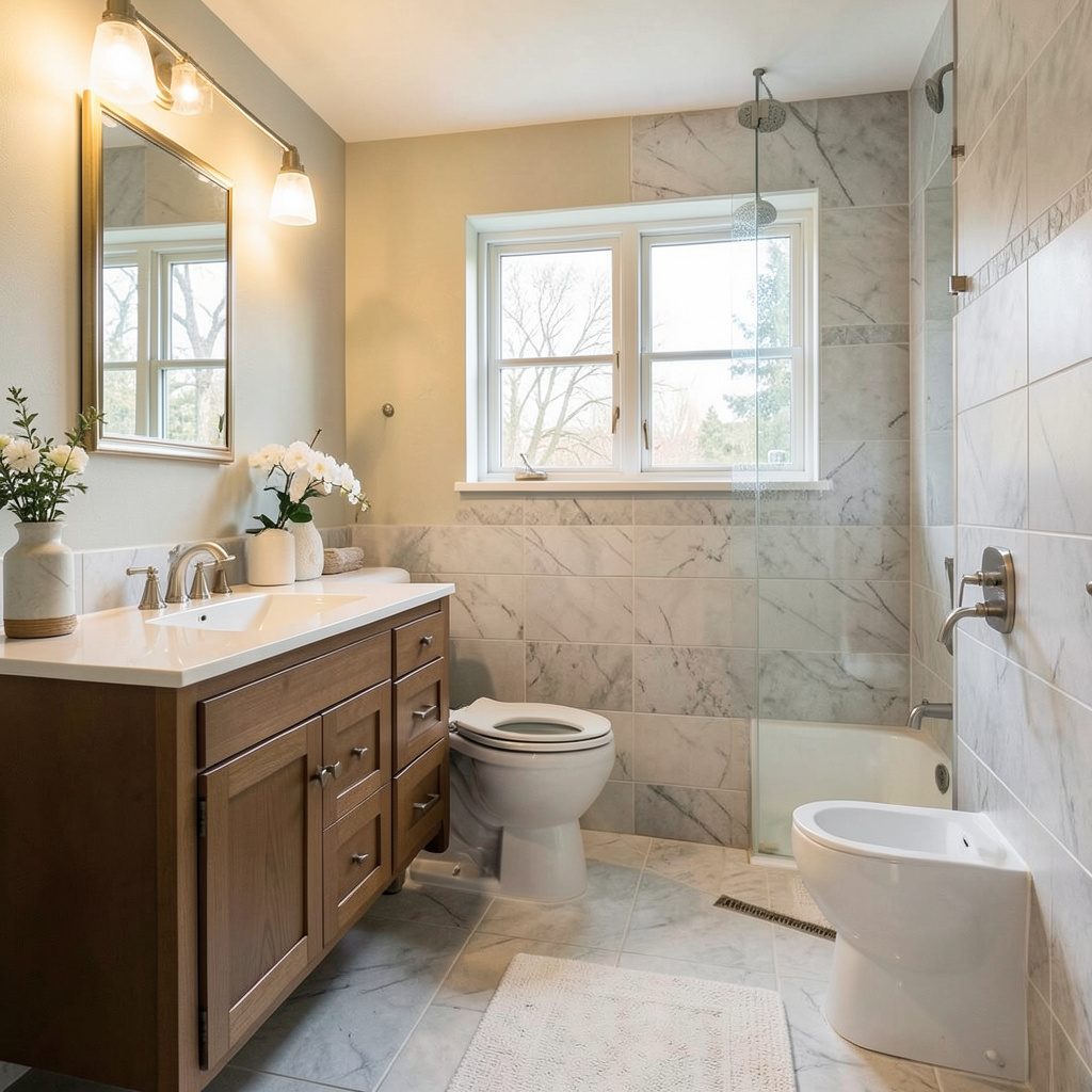 A bright, airy small bathroom with warm neutral tiles, a sleek vanity, and soft natural light creating a calm and inviting atmosphere