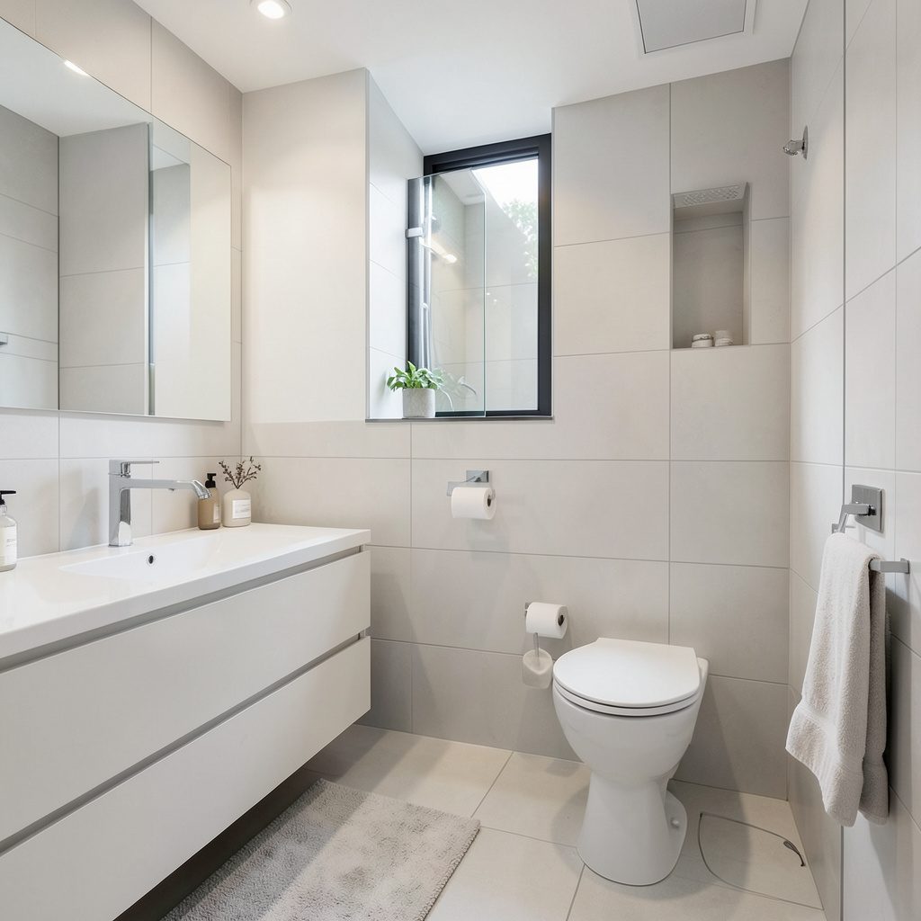 A minimalist small bathroom with an attractive appearance, featuring clean white walls, wood accents, and simple fixtures